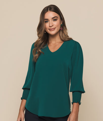 Womens Cleo Shirred Cuff V Neck